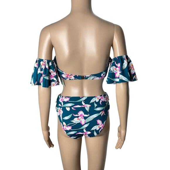 New Boutique Floral Print Emerald Green Off Shoulder Bikini Set - Picture 3 of 13